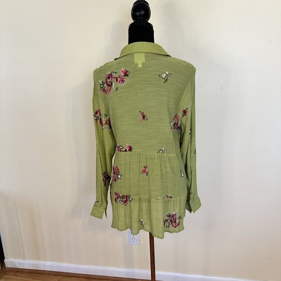 Womens Fig & Flower Lime Green Blouse Large Sheer Button Up Embroidered Boho - Picture 9 of 10